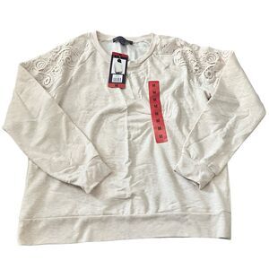 Gloria Vanderbilt Oatmeal Cream Fleece Crew neck Sweater with Floral Lace Trim